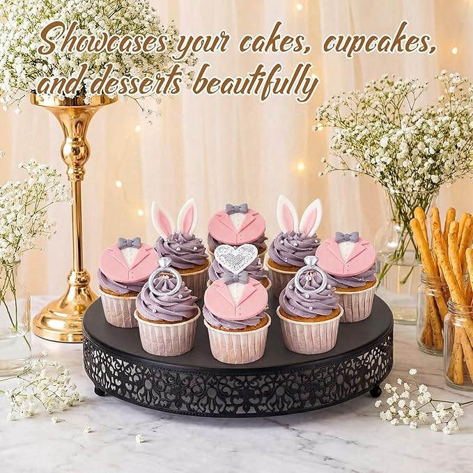 Wenqik 14 Inch Black Cake Stand Set Metal Round Cupcake Dessert Stand with Cake Cutting, Spatula Wedding Cupcake Pastry Display Candy Holder Display for Wedding Party Birthday Baby Shower(Classic)
