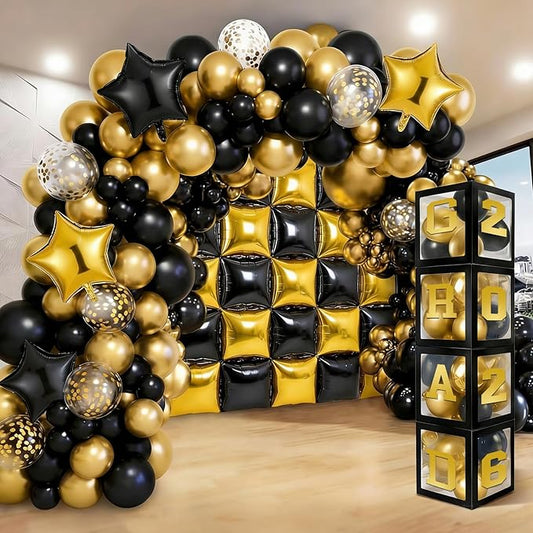 Seenelling Yellow Black 133 Pcs Graduation Decorations 2026 Set Black Gold Balloons Boxes with Letters 2026 Grad Square Foil Balloons Complete Party Supplies for High School College Celebrations