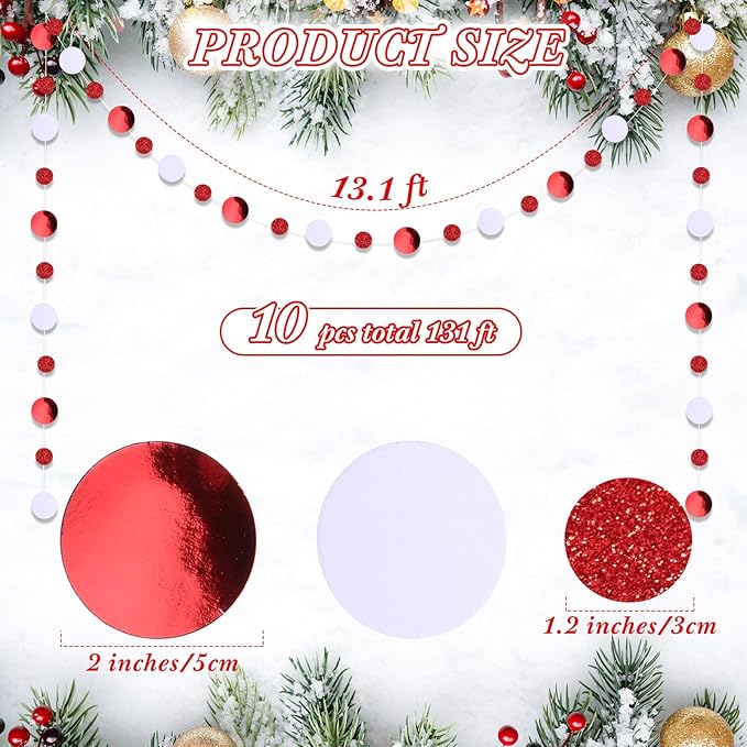 Outus 10 Pieces Red Round Dots Garland Graduation Party Hanging Decor Each Length 13.1ft Glitter Paper Dot Streamers for Birthday Wedding Classroom Supplies (White)