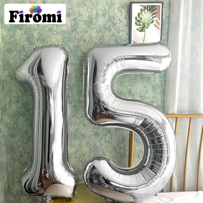 FIROMI 15 Number Balloons Silver Big Giant Jumbo Huge Foil Mylar 15 Balloon Numbers for 15th Birthday Party Anniversary Events Decorations 40-inches