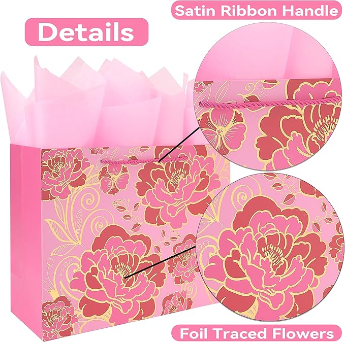 13" Large Rose Pink Gift Bag Set with Greeting Card and Tissue Paper(Foil Traced Flowers) for Celebrating Birthdays, Mother's Day, Valentine's Day, Weddings, Anniversaries - 13”x5.2”x10.2”,1 Pcs.