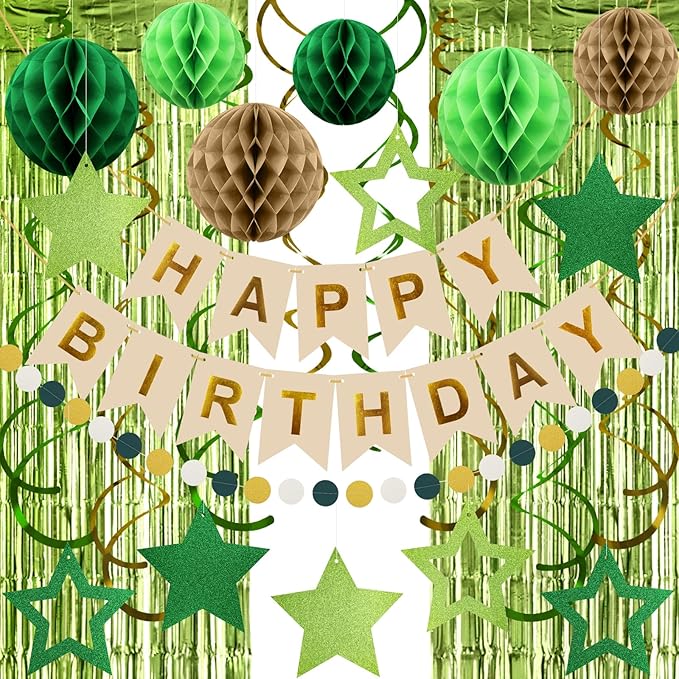 ZERODECO Birthday Decorations, Happy Birthday Banner with Paper Honeycomb, Star Hanging Swirl, Fringe Curtain, Garland, Party Decorations for Women Men Boys Girls (Retro Green)