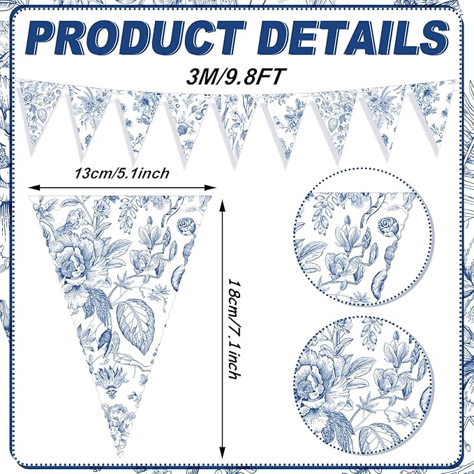 5 Pieces Blue White Vintage Floral Paper Pennant Garland Wedding Garland Triangle Banner for Wedding Bridal Shower Outdoor Decoration