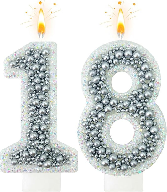 18 Birthday Number Candle for Cake, Glitter Number Candle with Silver Beads, Decorative Cake Topper for Milestone Celebrations