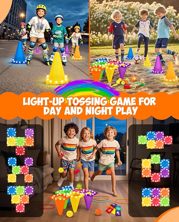 Eocolz 49PCS Carnival Games Outdoor Combo Set for Kids with LED Light, Plastic Cones Obstacle Course Bean Bags Balls Ring Toss Game Egg and Spoon Race Lawn Game, Gift for Birthday Party/Xmas/Easter
