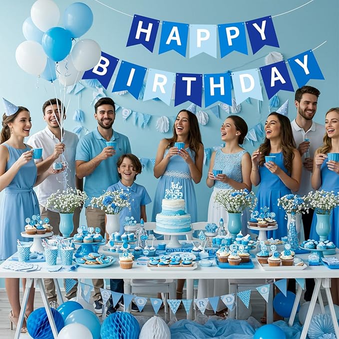 Happy Birthday Banner Pre-Strung Birthday Decorations Birthday Party Backdrop Sign Garland Party Supplies for Women Men Boys Girls,NO-DIY Nary Blue