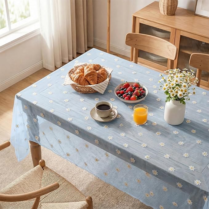 Horaldaily Blue Embroidery Daisy Spring Summer Gauze Tablecloth 60×120 Inch Rectangular, Seasonal Tulle Table Cover, Garden Party Decorations for Wedding, Party, Holiday Dining