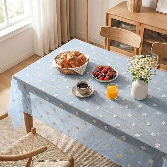Horaldaily Blue Embroidery Daisy Spring Summer Gauze Tablecloth 52×70 Inch Rectangular, Seasonal Tulle Table Cover, Garden Party Decorations for Wedding, Party, Holiday Dining