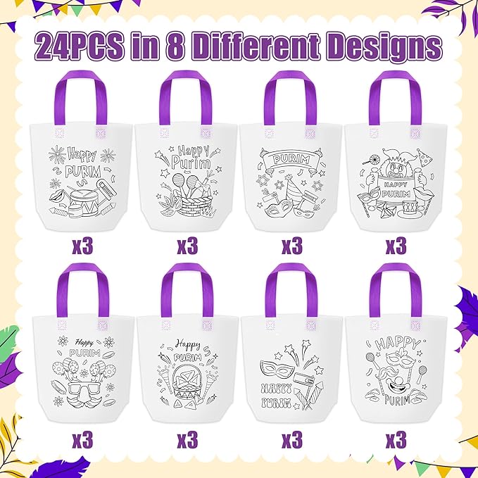 Purim Coloring Goodie Bags for Kids - 24Pcs Happy Purim Color Your Own Gift Bags with Handle Carnival Themed Reusable Non Woven Coloring Tote Packet for DIY Painting Jewish Party Spring Holiday Favor