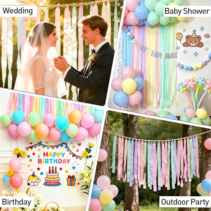 10 Rolls Crepe Paper Streamers, 5 Colors Pastel Streamers Party Decorations for Birthday, Baby Shower, Wedding, Bachelorette, Rainbow Party Backdrop, Kids DIY Crafts