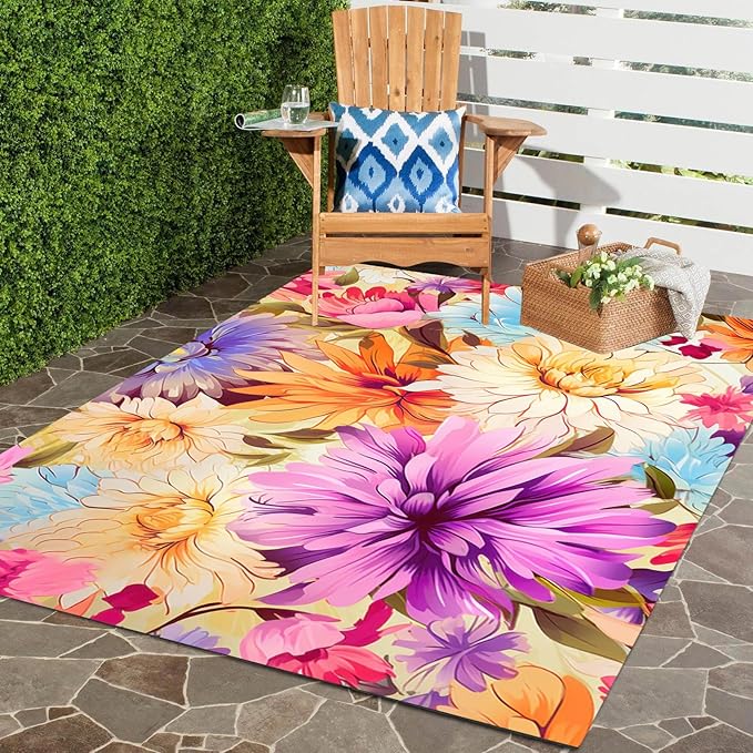 Waterproof Floral 3x8 Outdoor Rug Modern Vibrant Rugs for Balcony Patio Porch Garden Camping Pool Machine Washable Non Shed Outside Carpet Unique Easy Clean Flower Mat Pink Purple