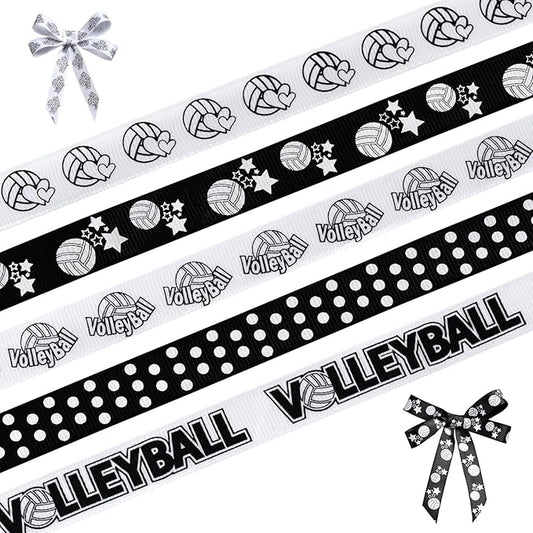 Volleyball Ribbons 5 Rolls 20 Yards, 5/8" Black White Grosgrain Cute Sports Volleyball Ribbons for Gift Wrapping Making Hair Bows Sports Theme Party Decor