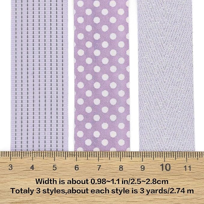 BEEFLYING 3 Styles Lavender Wire Edged Ribbons for Gift Wrapping, 25~28mm×2.7m Fabric Herringbone Ribbons for Wedding Party Decoration Hair Bows Flower Designs Sewing and Craft, 9 Yards
