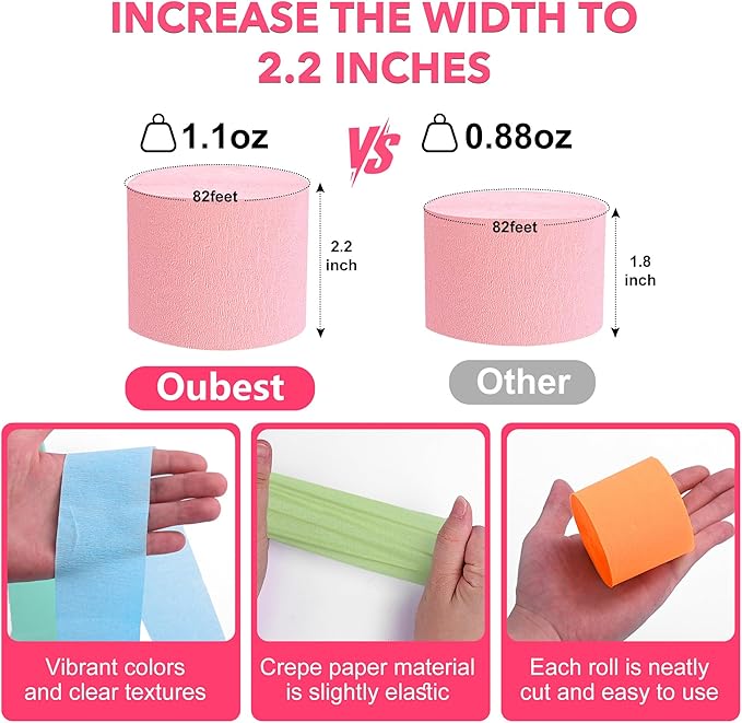 Oubest Crepe Paper Streamers 2.2 Inch x 656 Feet Ideal Party Supplies & Decorations for Birthdays Baby Showers Bachelorettes Weddings DIY, 8 Rolls Pastel Streamers Backdrops, Doorway & Wall Decor