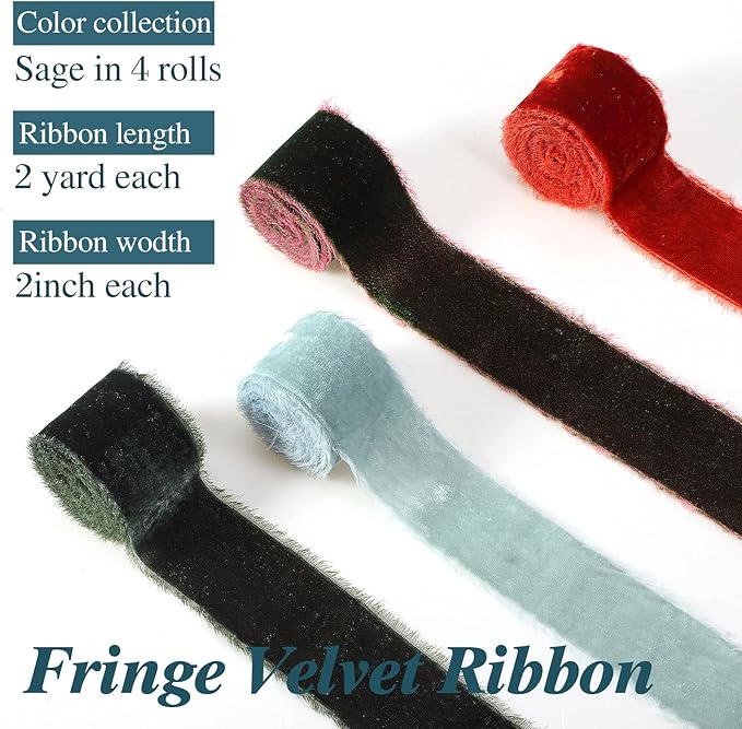 Canlierr 4 Roll Valentine's Day Silk Velvet Ribbon for Gift Wrapping Fringe Fabric Frayed Velvet Ribbon Raw Edge for Valentine Day Party Wedding Decor Bouquet Basket Hair(Classic Color,2 in X 8 yd)
