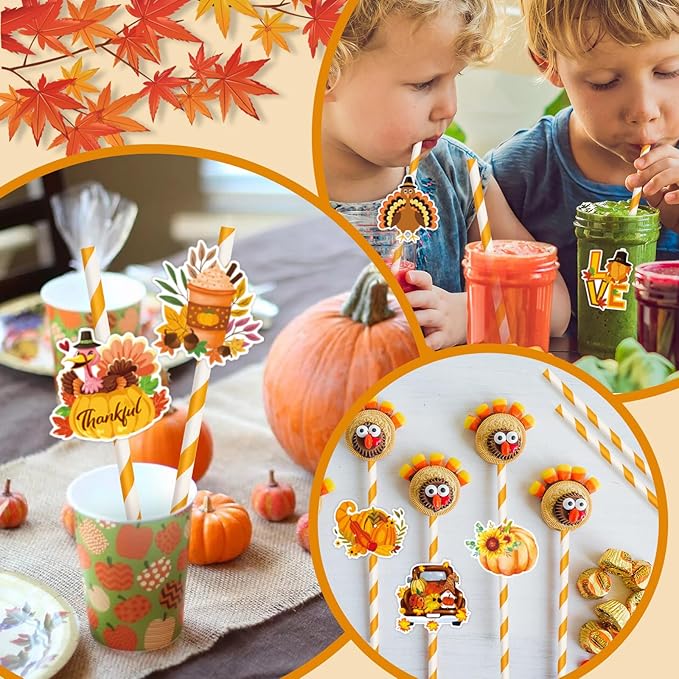 Konsait Thanksgiving Paper Straws, 24 PCS White Orange Striped Straws for Fall Harvest Party Decorations