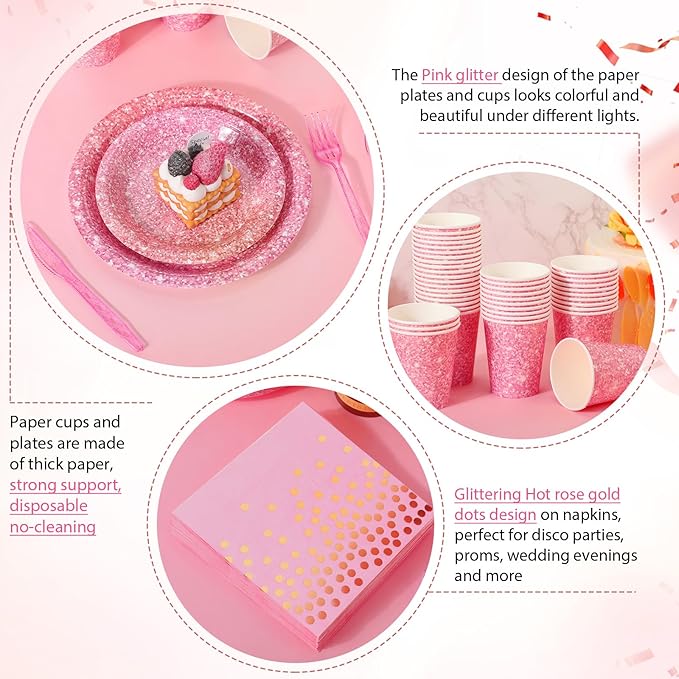 Hushee 350 Pcs Pink Holographic Print Party Supplies Guests Disposable Dinnerware Set Include Paper Plates, Napkins, Cups, Plastic Cutlery for Wedding Birthday Disco Bachelorette