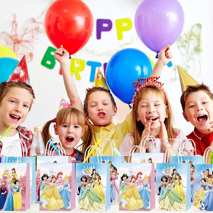 AURSWIF Princess Birthday Party Bags, 20 PCS Princess Kraft Paper Goodie Bag with Handles Small Gift Treat Bags for Princess Party Supplies