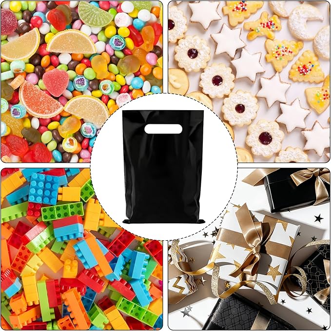 Hxezoc 50 Pieces Black Gift Bags with Handle, Plastic Treat Candy Jewelry Bag Black Party Favor Bag for Baby Shower Birthday Party Decoration Supplies