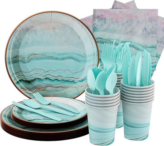 168 Pcs Teal Plates And Napkins Party Decoration Supplies Turquoise Birthday Paper Plate With Disposable Plastic Tableware Teal And Rose Gold Party Plates Set For 24 Guests (Turquoise)