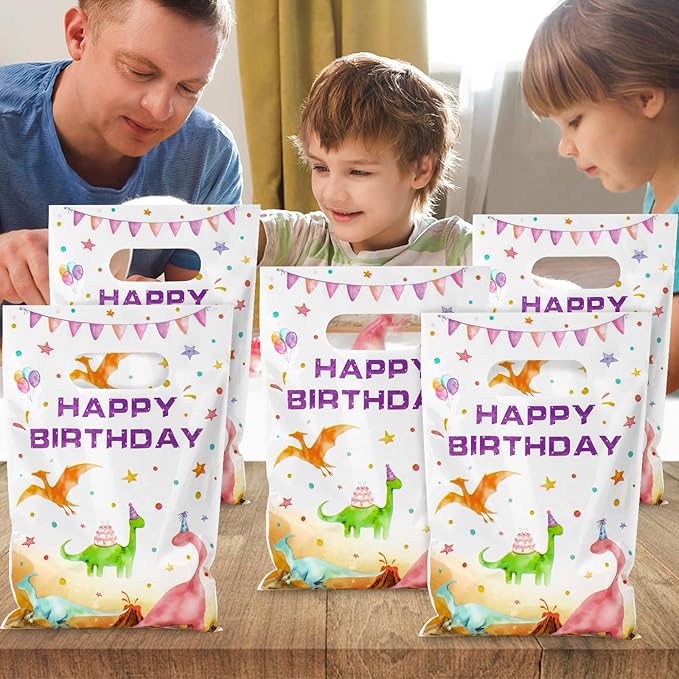 Hxezoc 50 Pieces Dinosaur Gift Bags with Handle, Plastic Treat Candy Bag Watercolor Dinosaur Favor Bags for Kids Birthday Party Decoration Supplies