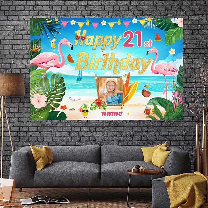 Custom Flamingo Theme 21st Birthday Decorations Banner - Personalized Fabric Banner for 21st Birthday Party Supplies