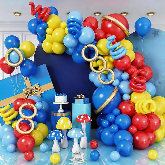 Jobkoo 127 PCS Red Blue Yellow Balloon Garland Arch Kit Cartoon Primary Color Balloons with Gold Circle for Cartoon Theme Carnival Circus Baby Shower Birthday Party Decorations