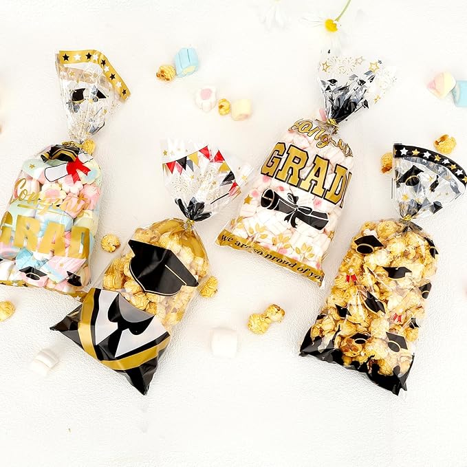 Leislam Graduation Treat Bags, Graduation Cellophane Treat Bags, 200 PCS Graduation Gift Bags, Graduation Cello Candy Cookie Bags with 200 Pcs Gold Ties for Graduation Party Favors Supplies, 4 Styles