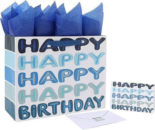 Qirrmiy 13'' Large Blue Happy Birthday Gift Bag Set with Handles, Greeting Card, Tissue Papers and Stickers for Men Boys Kids Teens, Words Design, 1 Pcs