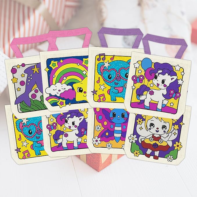 8 Pieces Kids Coloring Goodie Bags, Reusable Canvas Bag, Cute Art Party Favors, Color Your Own Bags for DIY Painting Birthday Carnival Celebration, Party Supplies Gift, Girls