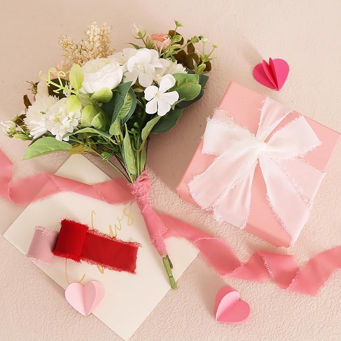 TONIFUL 4 Rolls Silk Chiffon Ribbon 1-1/2 Inch x 22 Yards Red Pink and White Handmade Fringe Valentine Ribbon Set for Gift Wrapping Bridal Bouquets Crafts Wedding Valentines Decoration
