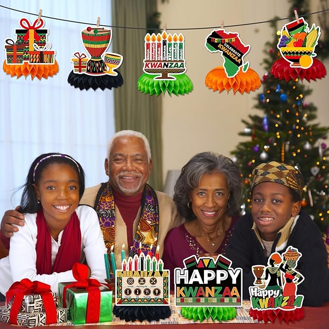 JULMELON 8PCS Kwanzaa Table Decorations Honeycomb Centerpiece, Kwanzaa Decor Traditional African Drum Candlestick Table Toppers Decorations for Office Home Party Favors Supplies