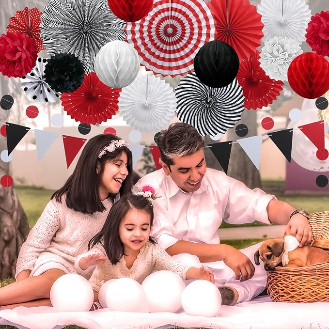 Red and Black Party Decorations, 23Pcs Hanging Paper Fans Party Decoration with Honeycomb Balls and Pom Poms Flowers for Birthday Wedding Graduation Game Night Boy Girl Party Decorations