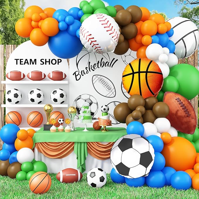 Sports Balloon Arch Garland Kit, 115Pcs Sports Party Baseball Soccer Basketball Football Helium Balloons Blue Green Orange Sport Latex Balloon for Boys Sport Themed Birthday Party Decorations Supplies