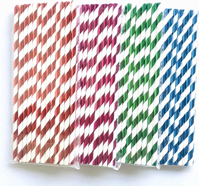 100 pcs Mixed Biodegradable Colorful Party Paper Straws, Colored Hot Pink Blue Red Green Foil Striped Drinking Straws Bulk, Restaurant Holiday Birthday Wedding Cake Pop Sticks (Metallic Stripe)
