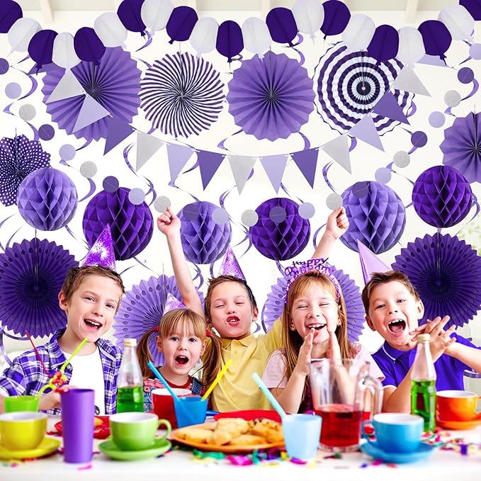 Purple Party Decorations, Birthday Party Supplies Easy Assembly Paper Fan Honeycomb Ball Garland Hanging Swirl for Graduation Birthday Baby Shower Bridal Shower Wedding Party Decorations
