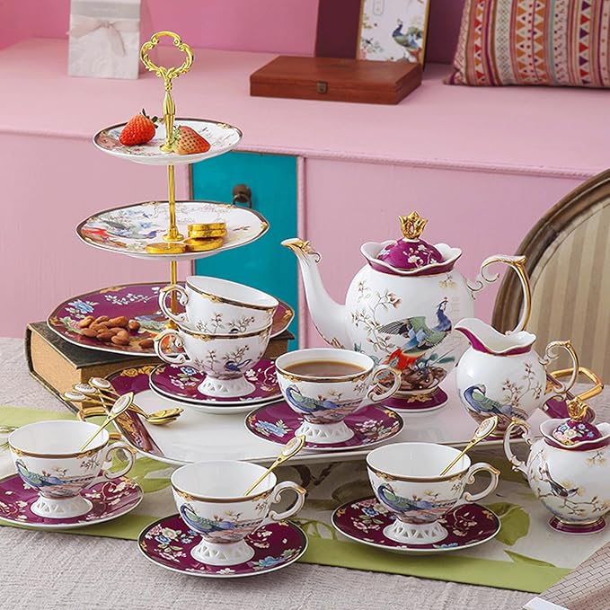 ACMLIFE Serving Platter - Bone China Tea Set Tray Fine Porcelain Serving Tray Platter, 20 Inch Red and White Serving Tray Serve Party, Tea Set, Appetizers, Fruit, Veggies, & Desserts (Red)