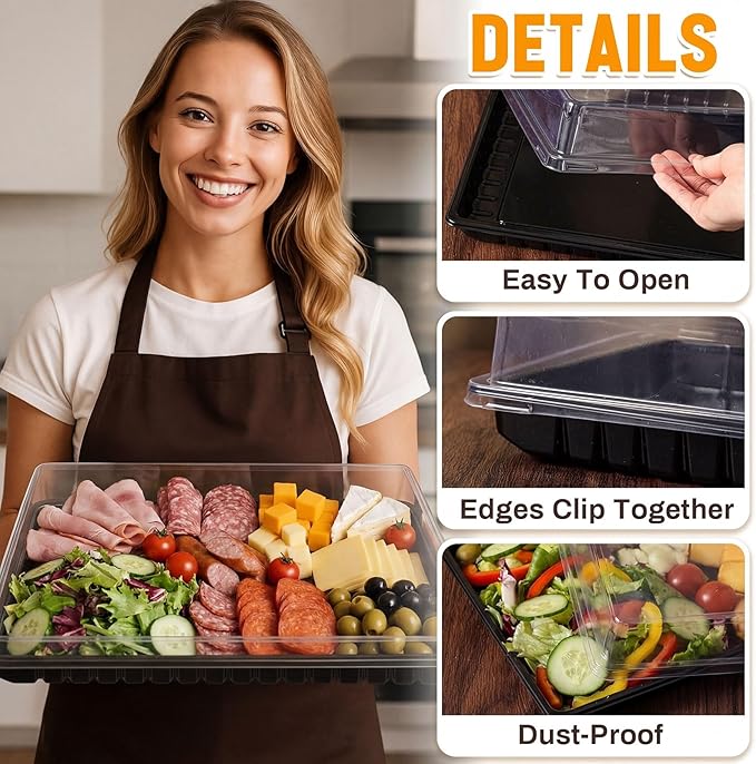 Shellwei 10 Pack Extra Large Charcuterie Board with Lids, 15 x 10 Inch Plastic Catering Trays for Cookies, Desserts, Candy, Reusable Serving Platters for Travel Party
