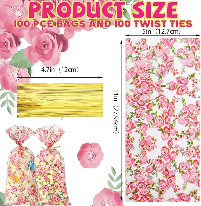 LEOSINDA 100 Pcs Floral Cellophane Bags, 5 X 11 Inches Valentine's Day Gift Bag, for Mothers Day Gift Wrapping, Wedding Bridal Shower Supplies Favors Decorations Birthday Theme Floral Graduation Decor (with 100 Ties)
