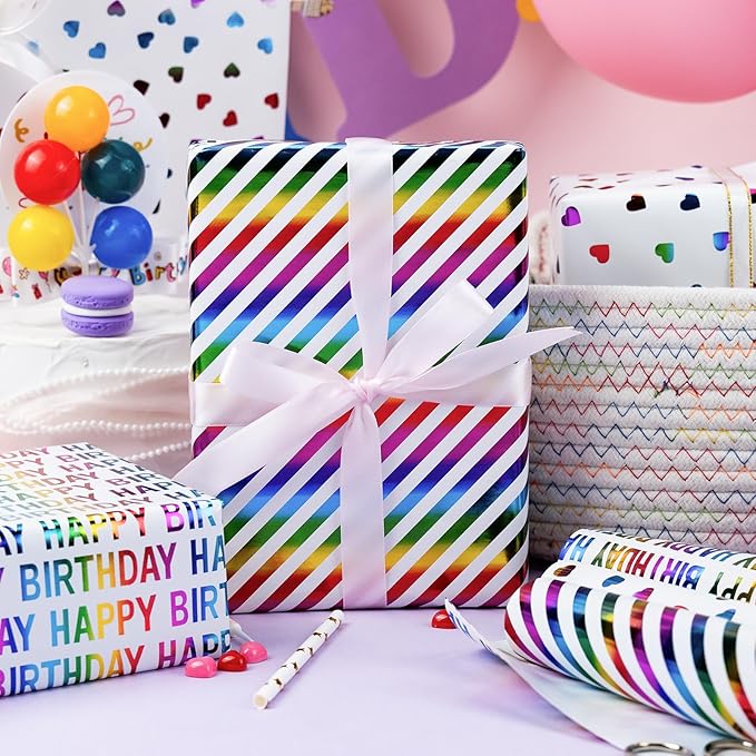 MAYPLUSS Birthday Wrapping Paper, Girl Iridescent Gift Wrapping Paper, Rainbow Foil Heart Polka Dots Stripes Bundle Gift Wrap for Kids Party, All Occasion (Mini Roll, 17 inch x 120 inch Per Roll)
