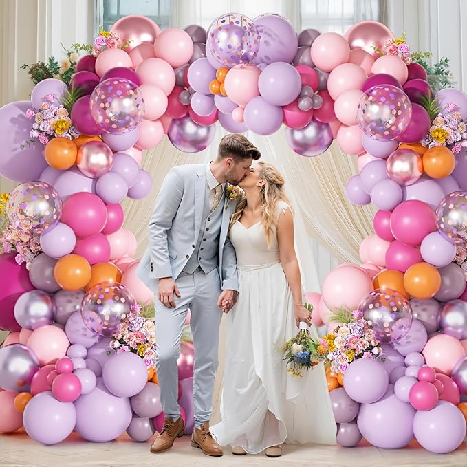 Ouddy Party Pink Purple Balloons Garland Arch Kit, Different Sizes 18 12 10 5 Inch Hot Pink Lilac Lavender Orange Magenta Latex Confetti Balloon for Wildflower Birthday Baby Shower Party Decorations