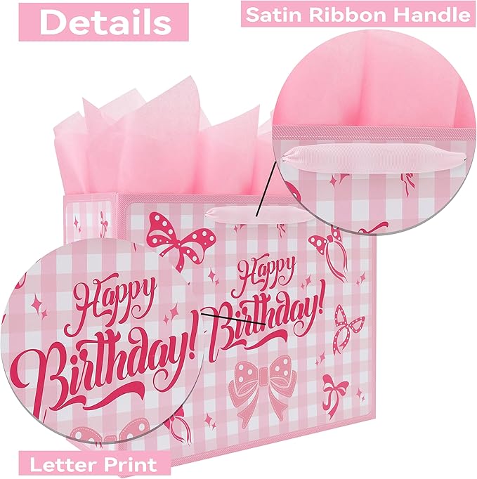 Qirrmiy 13'' Large Birthday Gift Bag Set with Handles, Greeting Card, Purple Tissue Papers and Stickers for Girls Women Kids Teens for Birthday Party, girl's Party, Baby, Bow Design, 1 Pcs