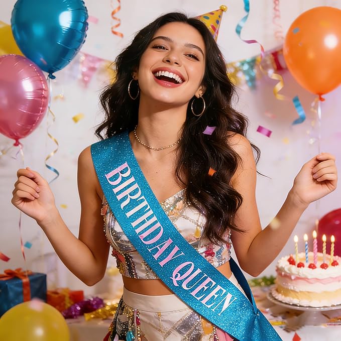 Birthday Queen Sash, Dazzle Foil Letter Glitter Teal Blue Birthday Sash for Women Girl 21st 30th 40th 50th 60th Gifts Funny Bday Gifts Party Favors Photo Prop