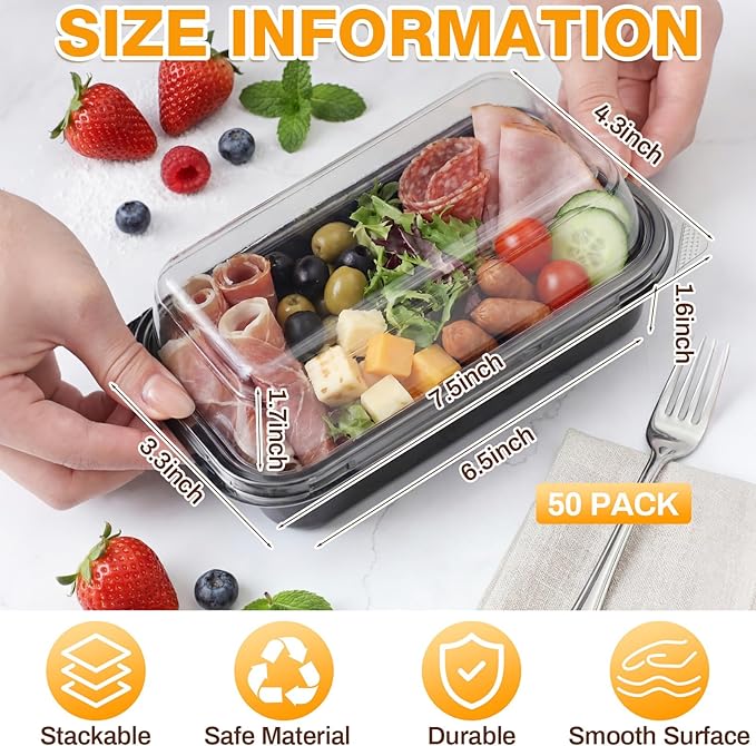 Shellwei 50 Pack 7.5 x 3.4 Inch Catering Trays with Lid, Plastic Serving Tray Bakery Dessert Cookies Candy Containers with Clear Lid, Perfect for Wedding, Party & Small Business