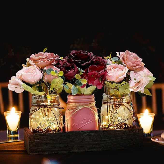 Mason Jar Centerpiece Table Decor for Dining Room Farmhouse Coffee Table Decor with Wood Tray Fairy Lights Fake Flowers for Valentine's Day Kitchen Living Dining Room - Burgundy Pink