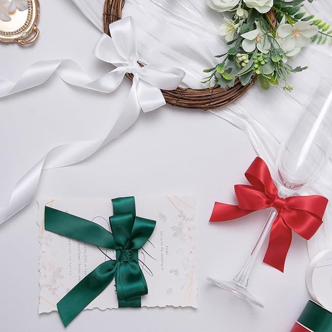 QIANF Red/Dark Green/White Double Face Satin Ribbon 1 Inch x 45 Yards Fabric Ribbon for Gift Wrapping, Flower Bouquets, Hair Bows Making, Wedding Decoration, Christmas (3 Rolls *15Yd)