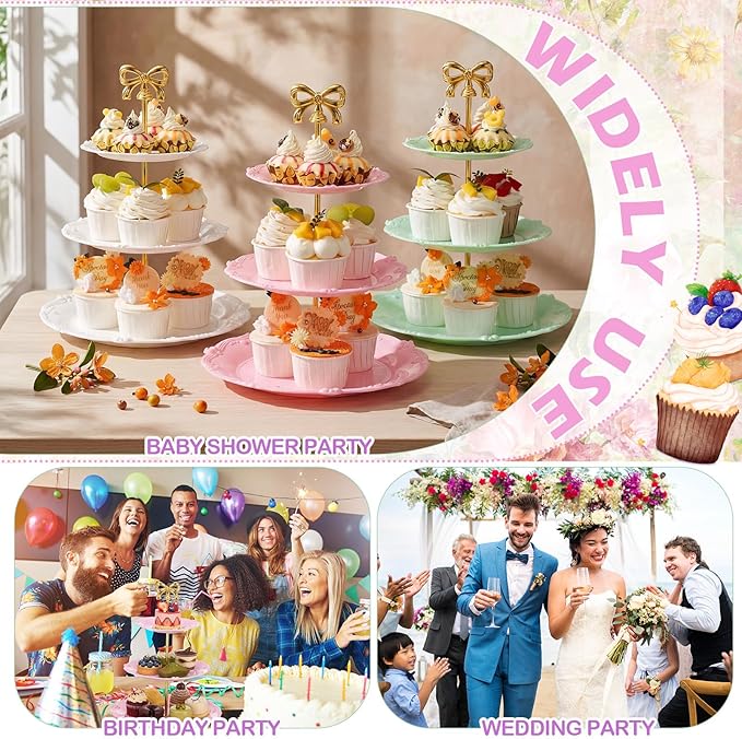 3 Sets Tea Party Decorations of 3 Tier Wedding Plastic Dessert Table Display Set Cupcake Stand Dessert Plates Cake Candy Display Tower Wedding Birthday Baby Shower Tea Party Decoration