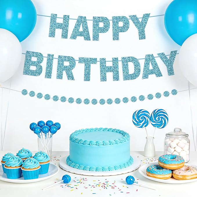 Happy Birthday Banner Pre-Strung Birthday Party Decorations NO DIY Glitter Happy Birthday Sign Circle Dots Garland Birthday Hanging Decorations for Women Men Birthday Party Supplies (Blue)
