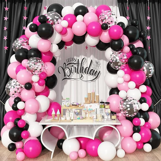 Pink and Black Balloon Garland Kit, 114 Pcs Hot Pink Pastel Pink Black White Confetti Latex Balloons Balloon Arch for Girls Women Cartoon Birthday Wedding Baby Bridal Shower Party Decorations