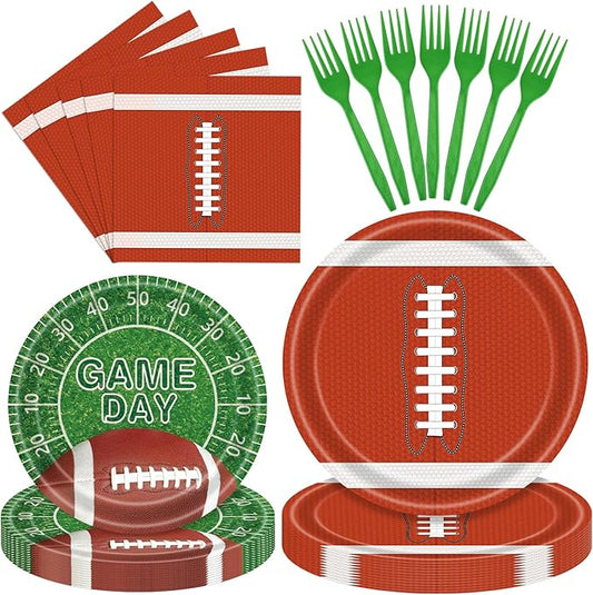 96 Pieces Game Day Football Tableware Set – Disposable Plates, Napkins, and Forks with Football and Field Designs for Tailgate Parties, Sports Events, and Super Sunday Celebrations – Serves 24 Guests